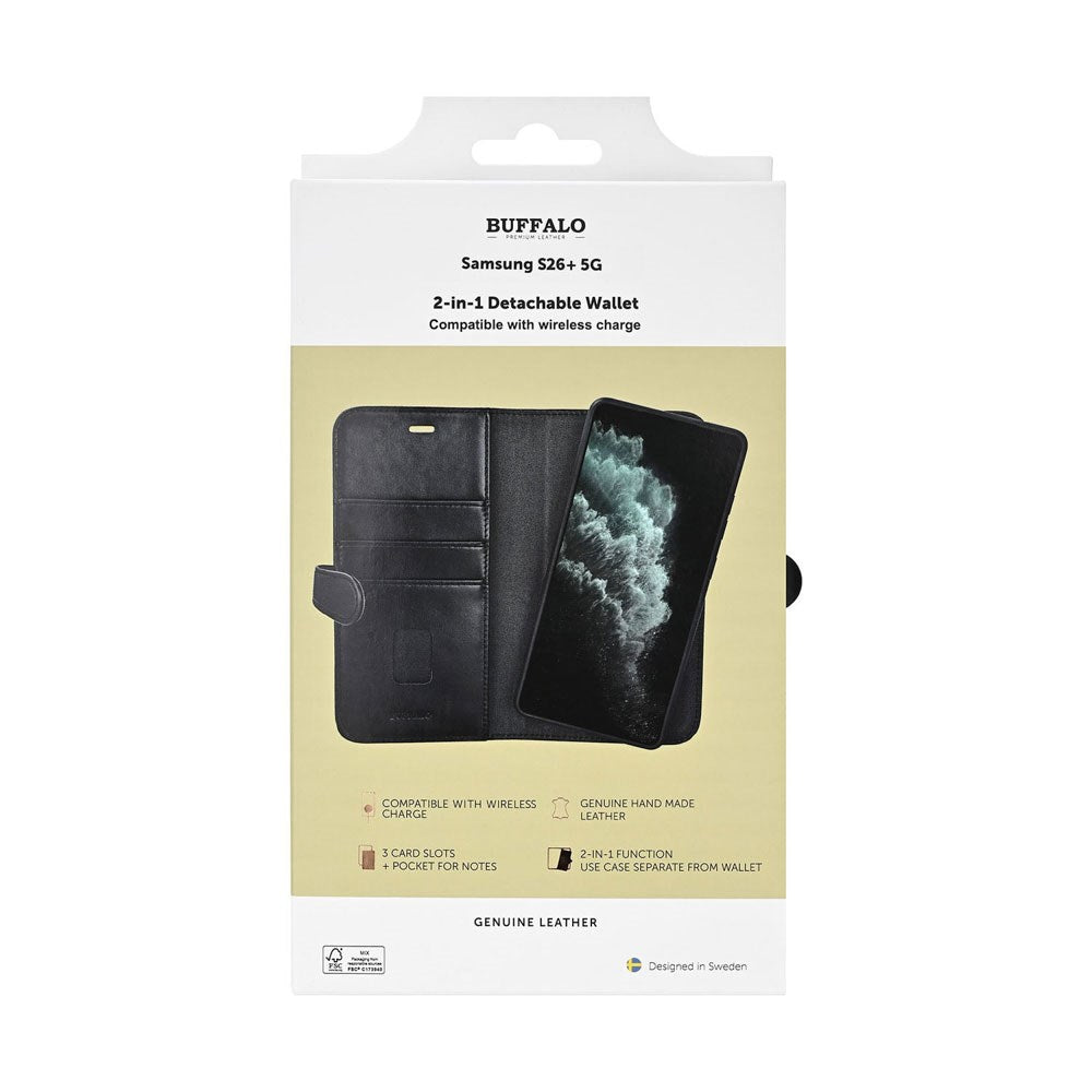Samsung Galaxy S26+ (Plus) Buffalo 2-in-1 Genuine Leather Flip Case - MagSafe Compatible - Black