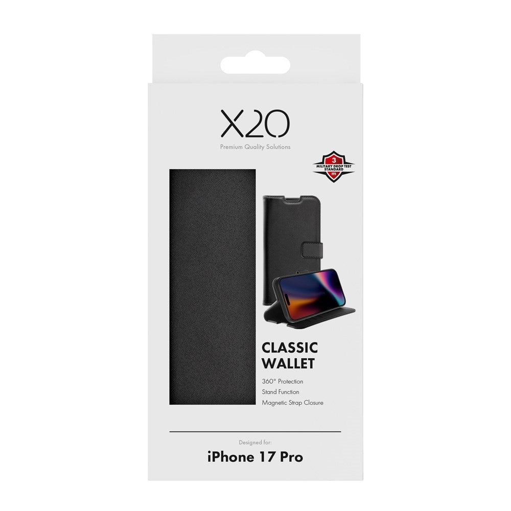 X2O iPhone 17 Pro Classic Wallet Flip Case - Card Holder & Stand Function - Black