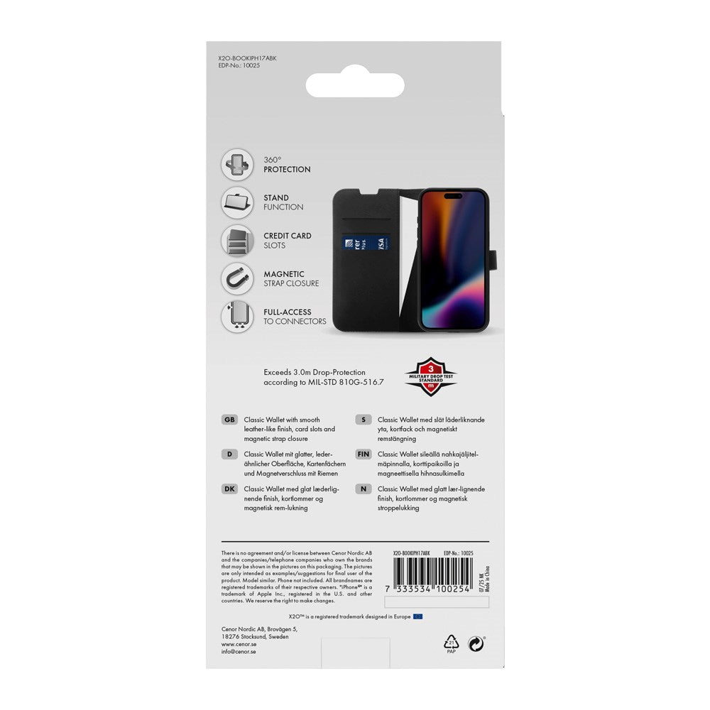 X2O iPhone Air Classic Wallet Flip Case - Card Holder & Stand Function - Black