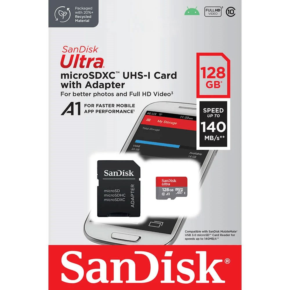 SanDisk MicroSDXC Memory Card with Adapter - 128GB - Red / Grey