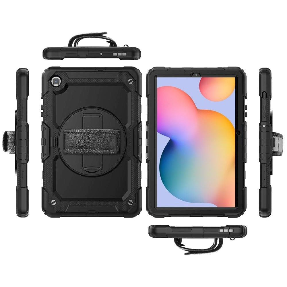 Samsung Galaxy Tab S6 Lite Tech-Protect Solid360 Tough Case w. Protective Film, Hand Holder & Shoulder Strap - Black