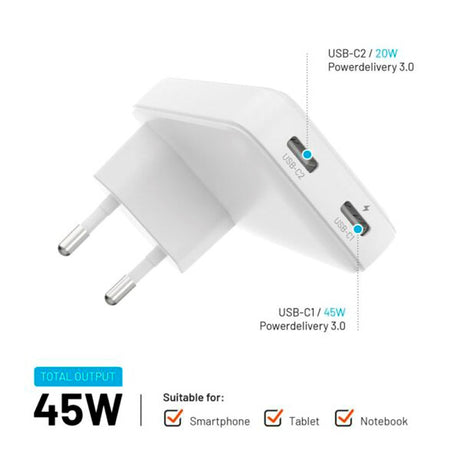 Fixed Slim GaN 90W USB-C Charger - 2 Ports - Fast Charging - White