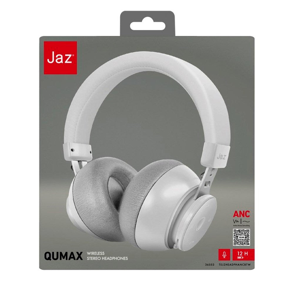 JAZ Wireless ANC Headset with Microphone and Integrated Controls - White