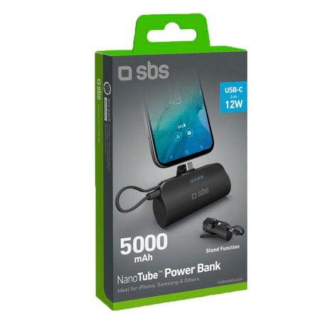 SBS Powerbank Nano Tube 12W / 5,000mAh w. Stand and USB-C - USB-C Cable - Black