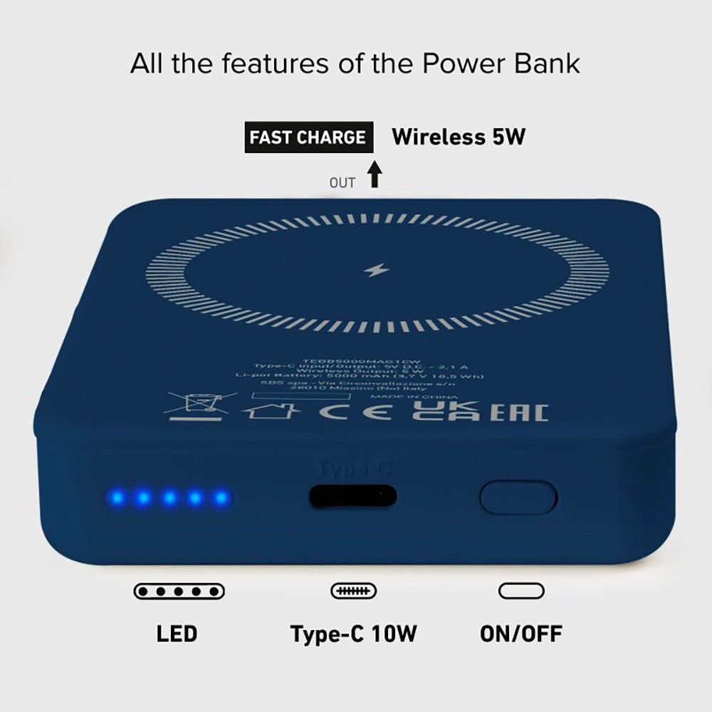 SBS Mag PowerBank 5000 mAh w. USB-C & Wireless Charging - Blue