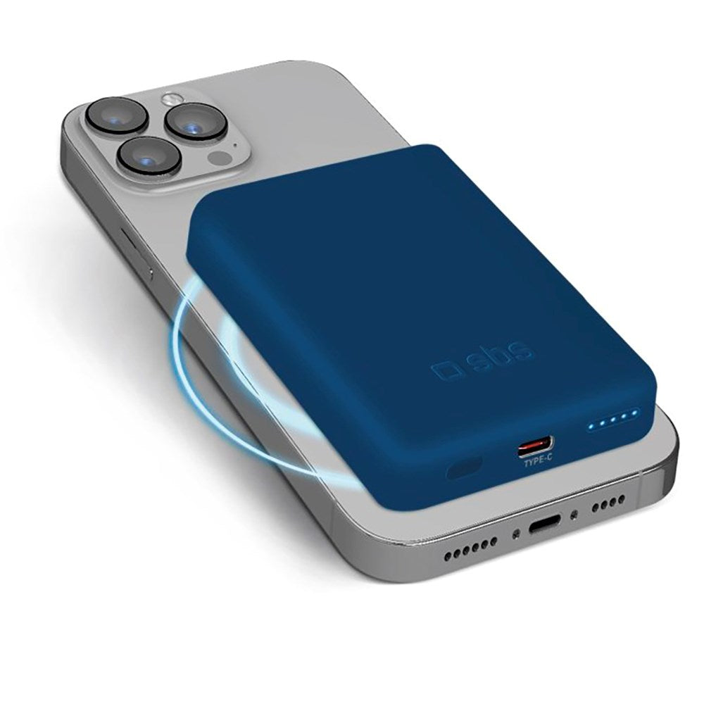 SBS Mag PowerBank 5000 mAh w. USB-C & Wireless Charging - Blue