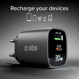 SBS - 30W LCD Wall Charger with 1x USB-A & 1x USB-C - Black