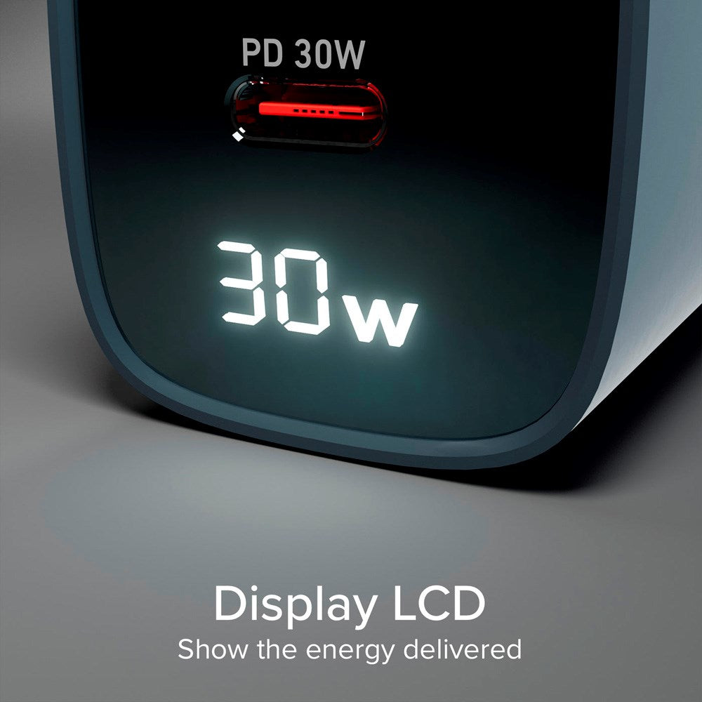 SBS - 30W LCD Wall Charger with 1x USB-A & 1x USB-C - Blue