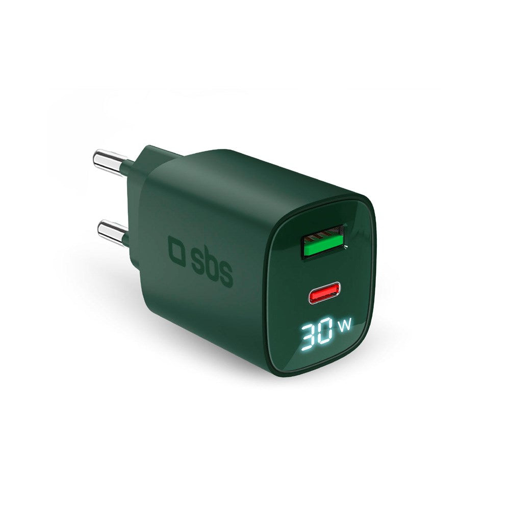 SBS - 30W LCD Wall Charger with 1x USB-A & 1x USB-C - Green