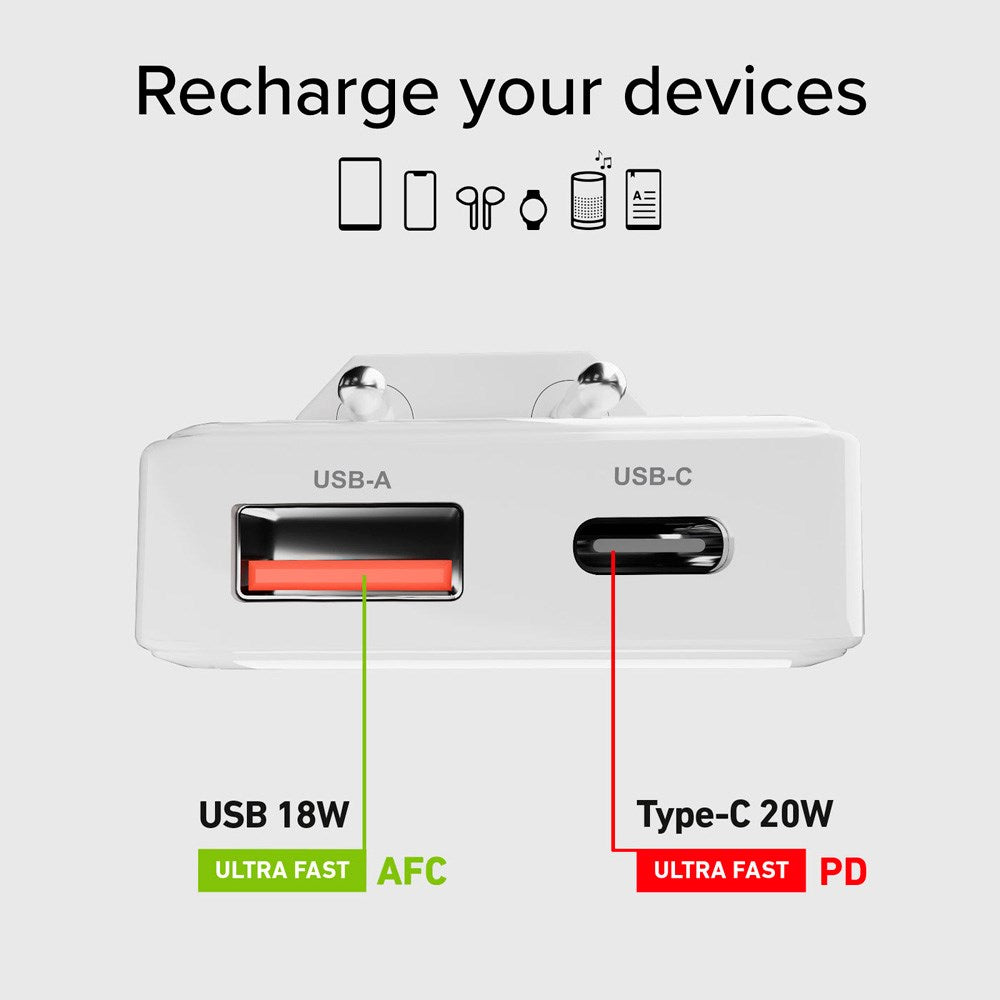 SBS 20W Flexi Foldable Wall Charger with 1x USB-A & 1x USB-C - White