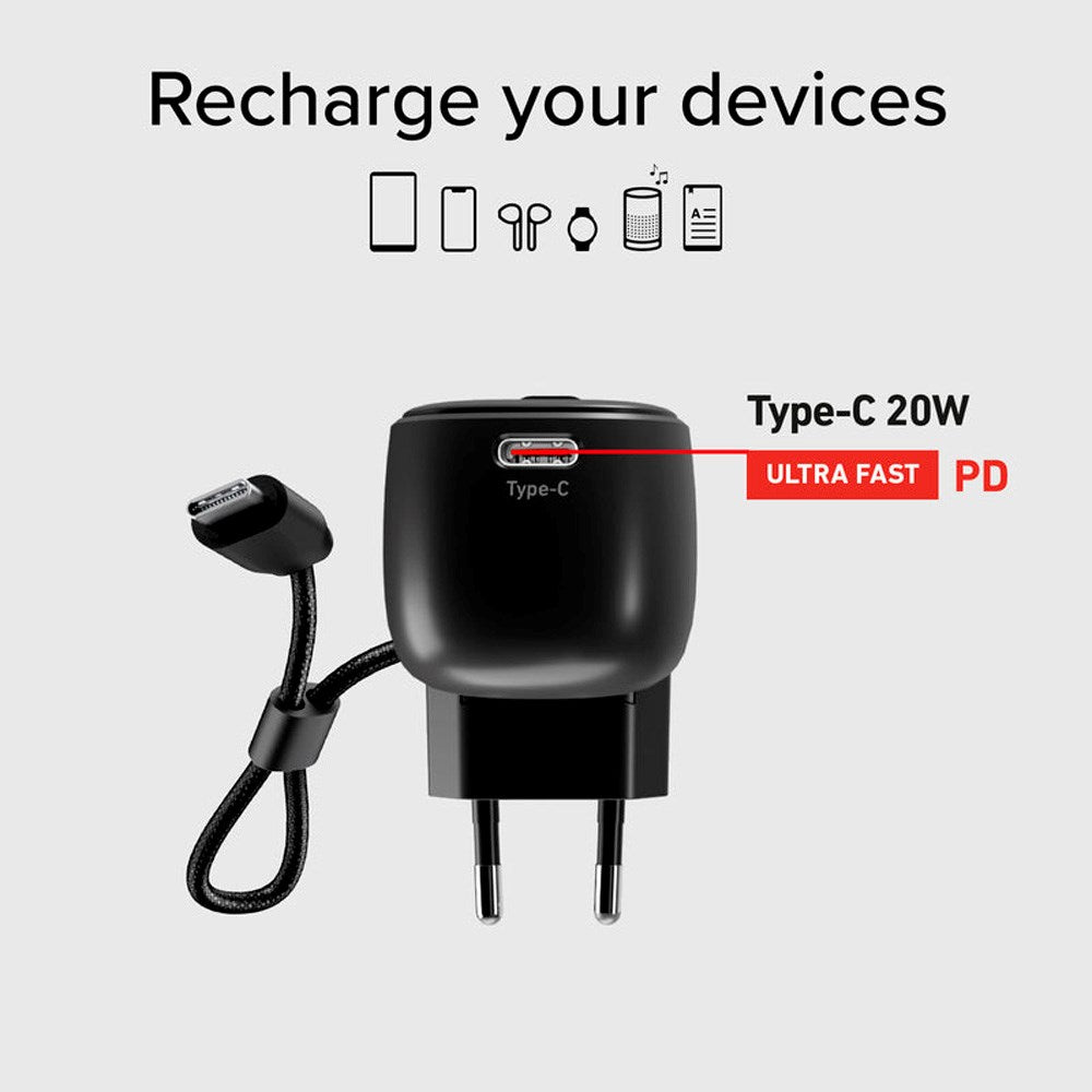 SBS 2-in-1 Hybrid PowerBank & Wall Charger with USB-C Cable - 5000 mAh / 20W - Black
