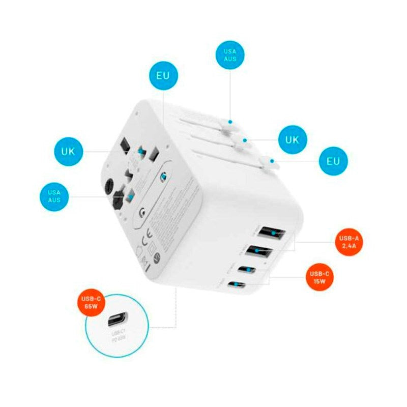 Fixed Universal Travel Adapter 65W EU / UK / USA / AUS - White