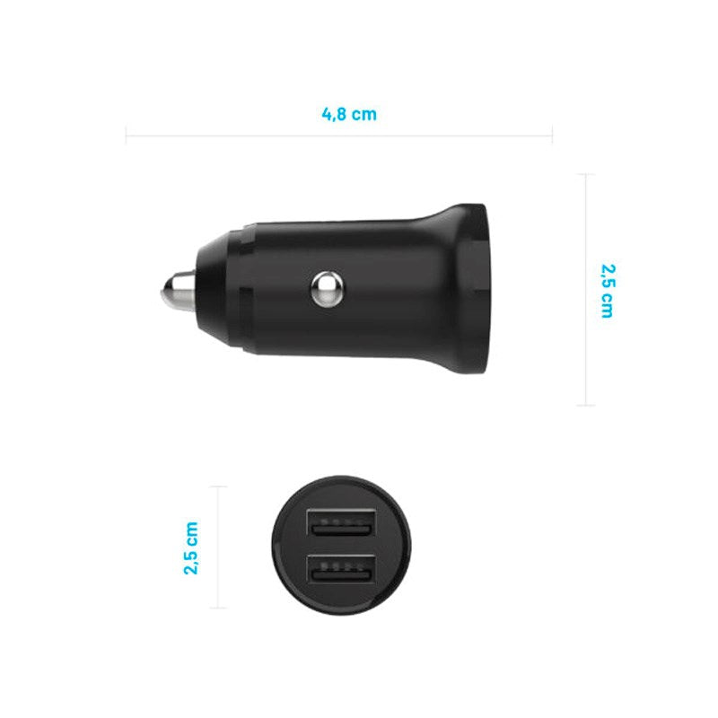 Fixed Mini Car Charger 2x USB-A / 1x USB-C Cable 15W - 1m - Black