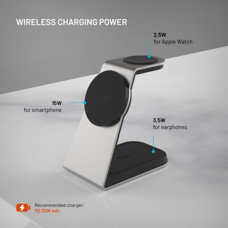 FIxed 3-in-1 Wireless Charging Dock 15W - Smartphone / Apple Watch / AirPods - Titanium