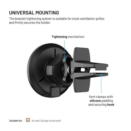 Fixed Car Phone Holder with 15W Wireless Charging - Ventilation Grille - Black
