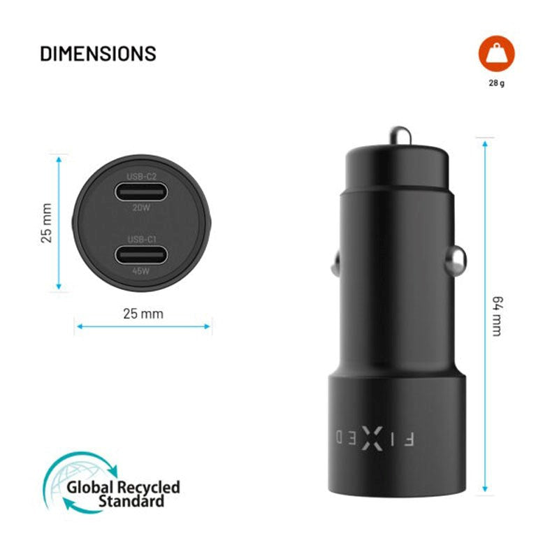 Fixed Car Charger 65W with 2 x USB-C - Black