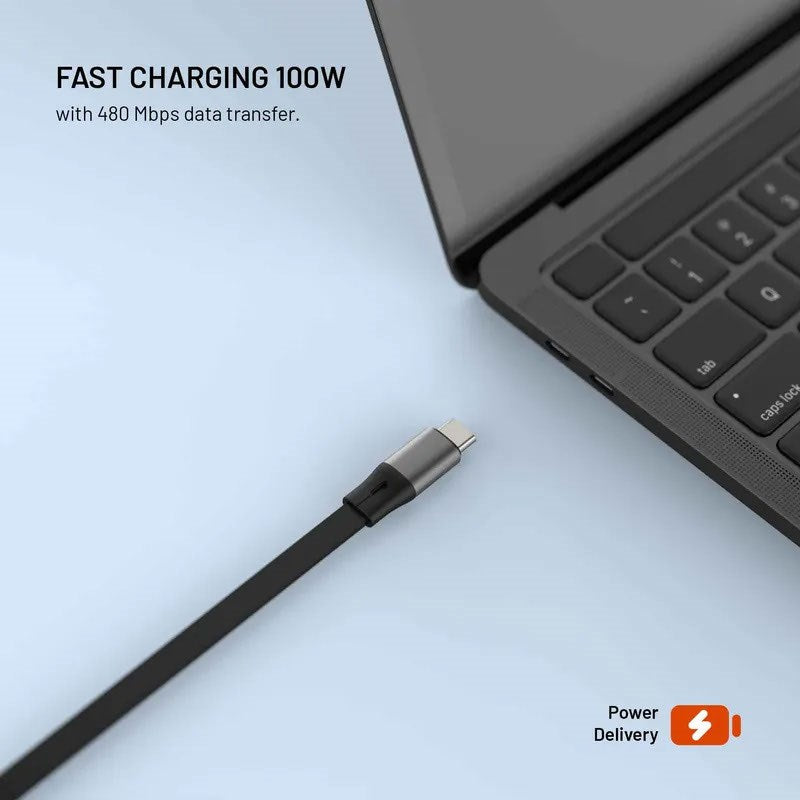 Fixed Retractable 100W USB-C to USB-C Cable - 1m - Black