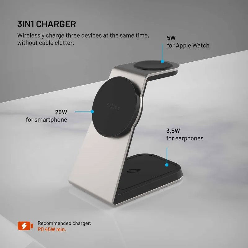 Fixed 3-in-1 Wireless Apple Charger - MagSafe / Qi2 Compatible - Grey