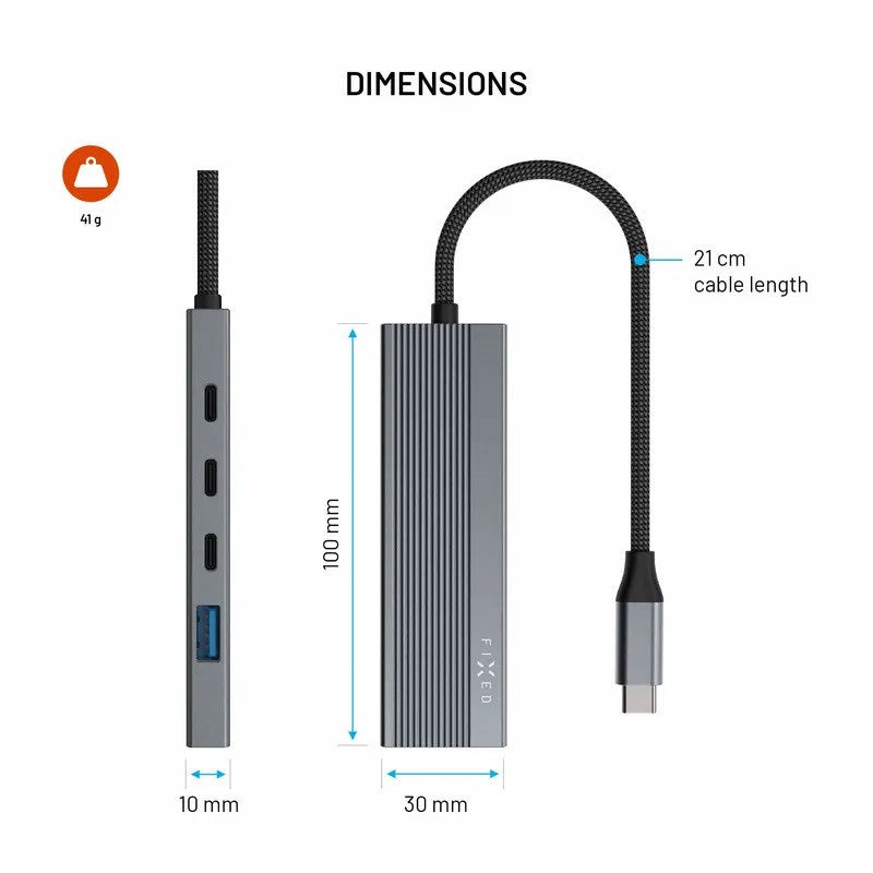 Fixed 5-i-1 USB-C Multiport with 3 x USB-C 1 x USB-A 1 x HDMI - Silver