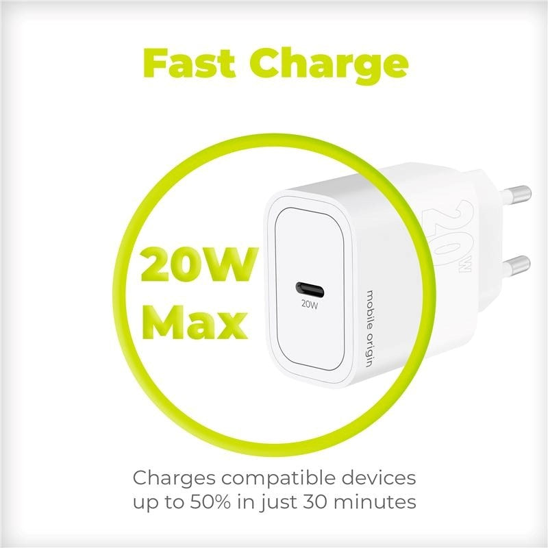 Mobile Origin PD (Power Delivery) 20W Wall Charger with USB-C - White
