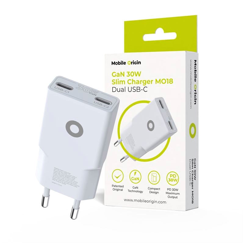 Mobile Origin MO18 30W Slim Wall Charger with 2x USB-C - White