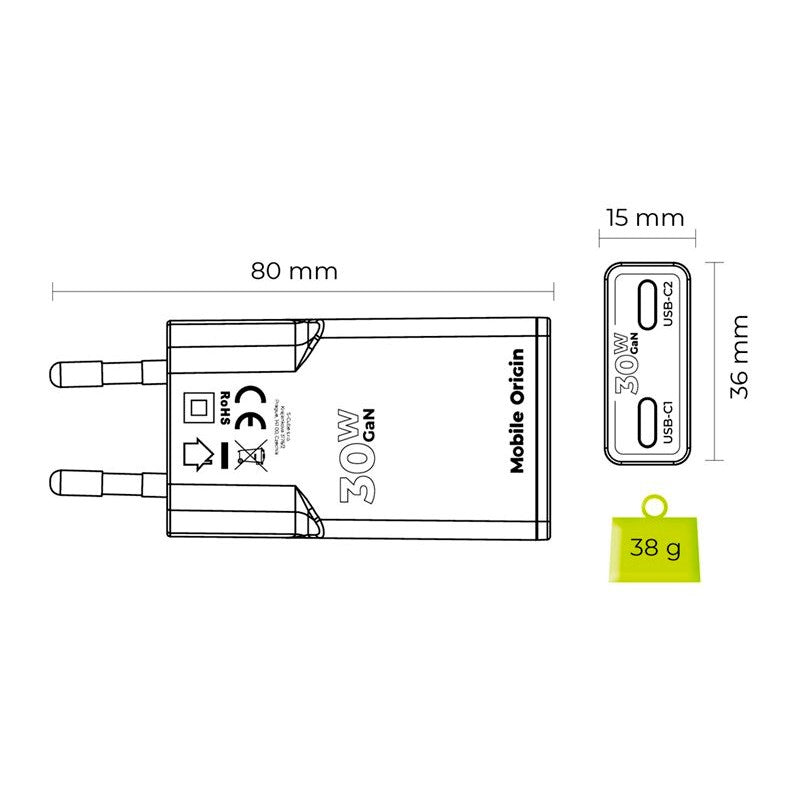 Mobile Origin MO18 30W Slim Wall Charger with 2x USB-C - White