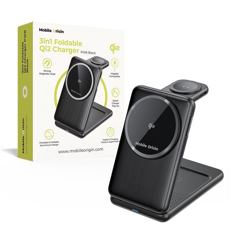 Mobile Origin 3-in-1 Qi2 Foldable Wireless Charger for Phone & Apple Watch & Earphones - Black