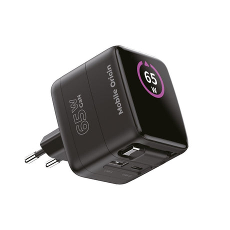 Mobile Origin GaN 65W Display Wall Charger with 1 x USB-A / 1 x USB-C / 1 x Retractable USB-C Cable - Black