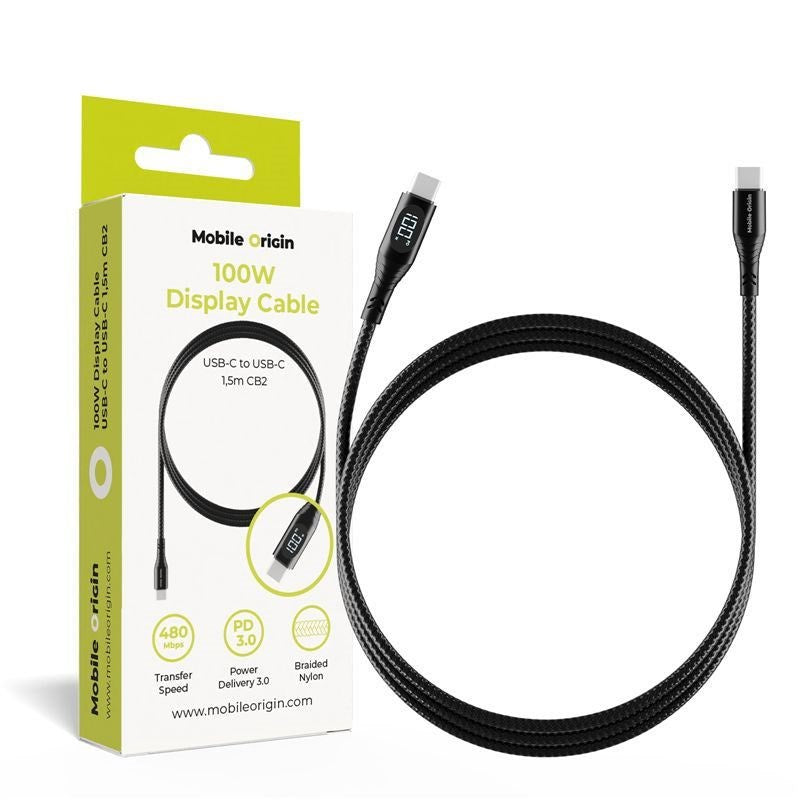Mobile Origin 100W USB-C to USB-C Cable with Display - 1.5 m - Black