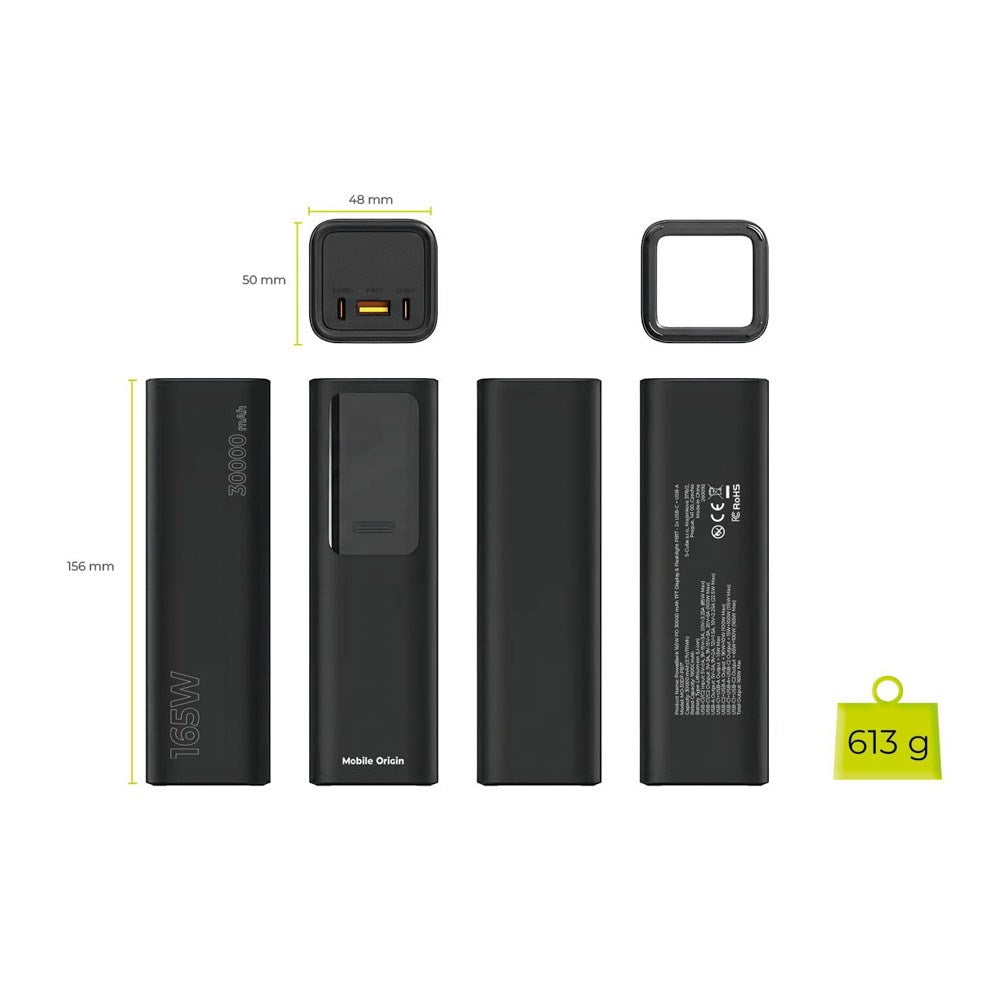 Mobile Origin 165W PowerBank with Display & Flashlight - 2x USB-C & 1x USB-A - 30.000 mAh - Black