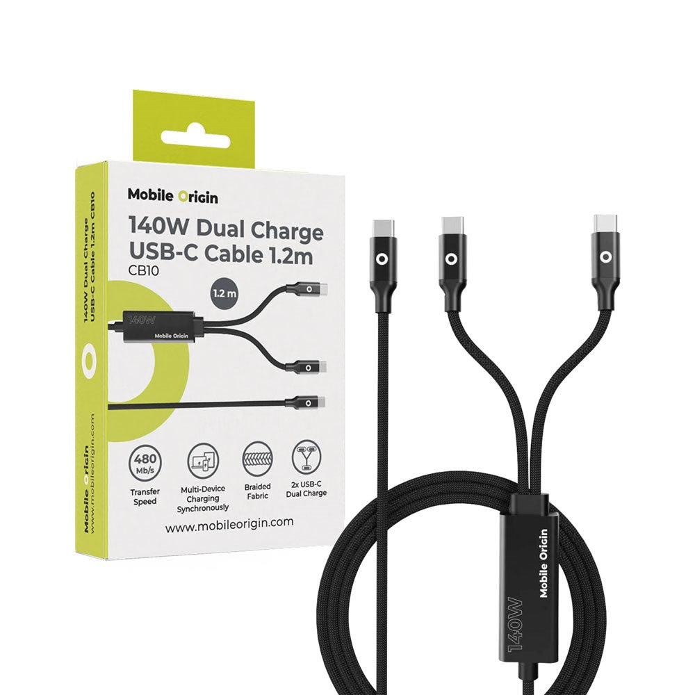 Mobile Origin CB10 140W Dual USB-C to USB-C Cable - 1.2m - Black