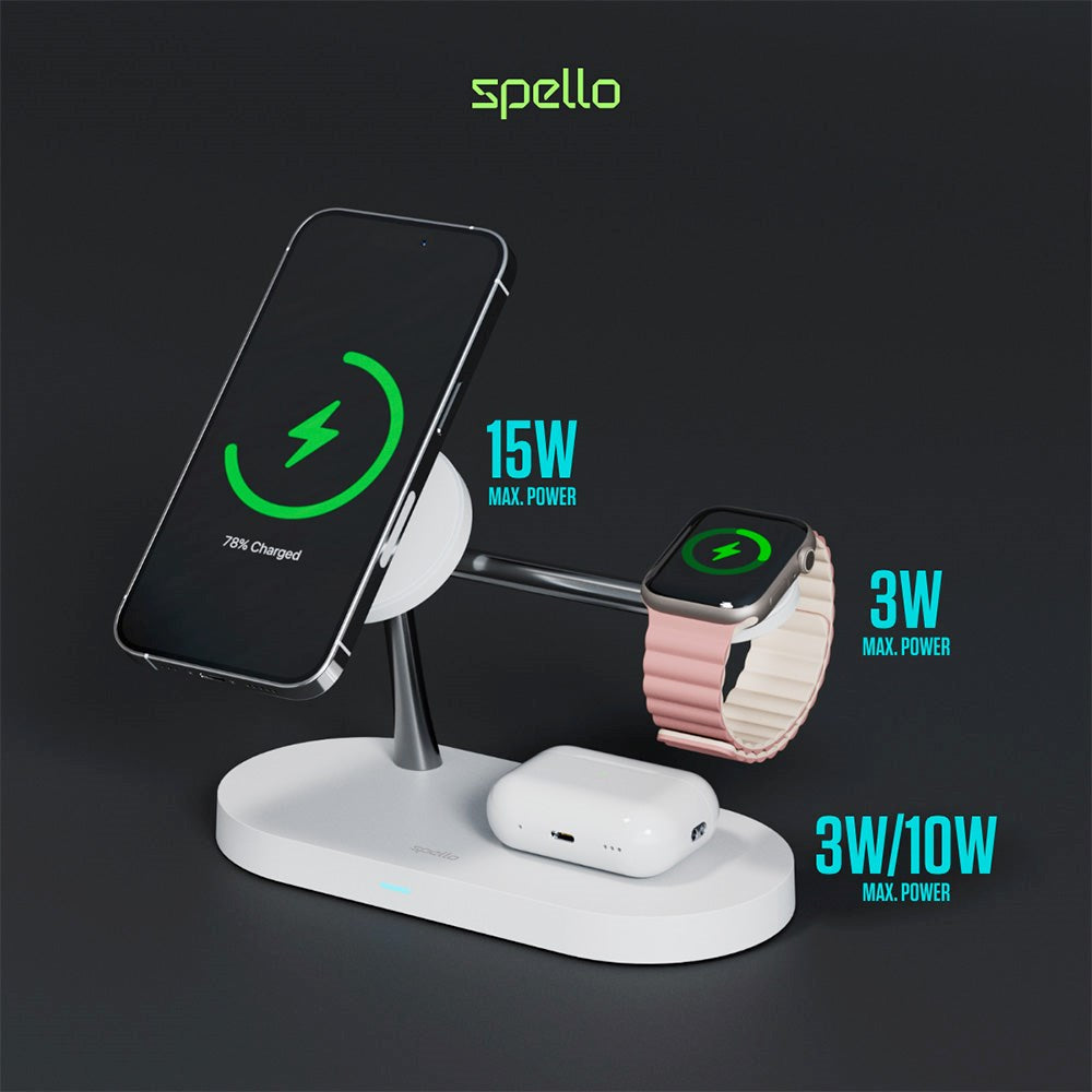 Spello 3-in-1 Magnetic Wireless Charger 15W - MagSafe Compatible - White