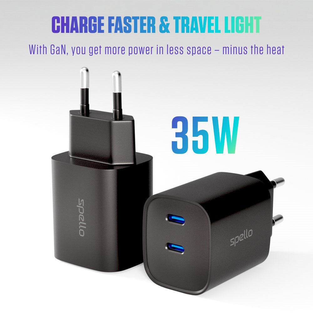 Spello 35W PD (Power Delivery) Wall Charger with 2 x USB-C - Black