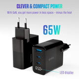 Spello 65W PD (Power Delivery) Wall Charger with 2 x USB-C 1 x USB-A - Black