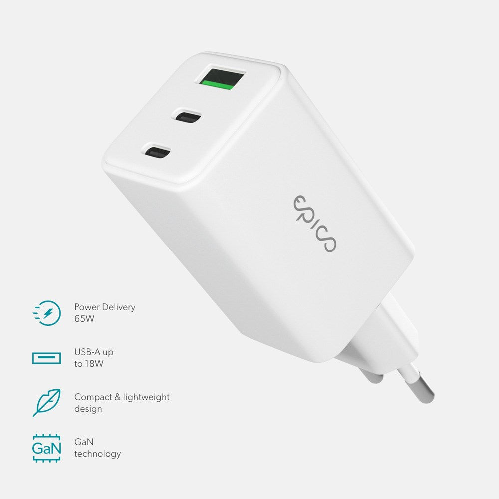 Epico UltraBoost GaN 65W Wall Charger - 2x USB-C / 1x USB-A - White