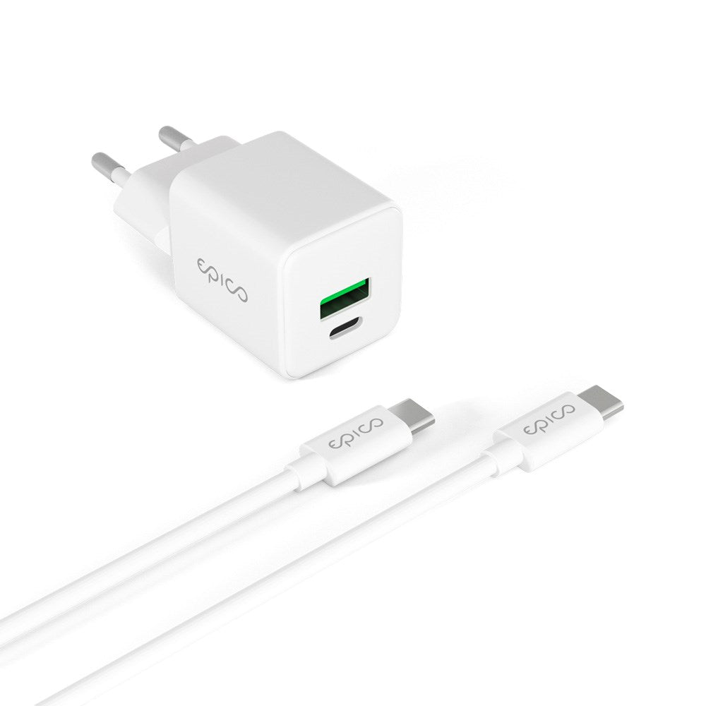 Epico UltraBoost GaN 20W Wall Charger with 1.2m USB-C to USB-C Cable - 1x USB-C / 1x USB-A - White