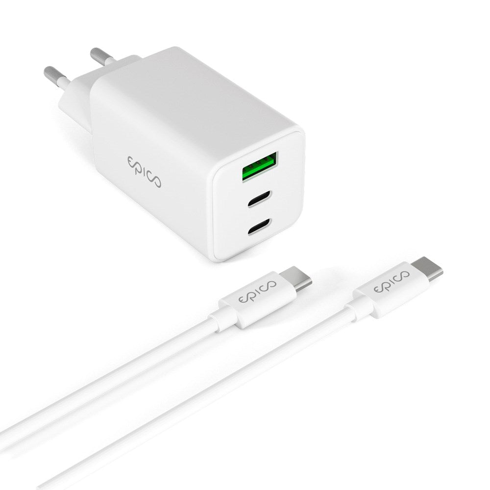 Epico UltraBoost GaN 65W Wall Charger with 1.2m USB-C to USB-C Cable - 2x USB-C / 1x USB-A - White