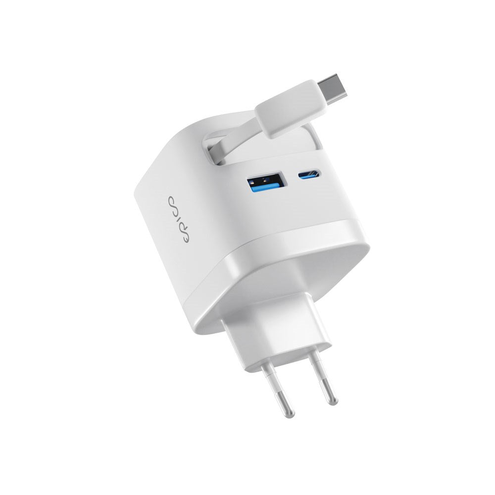 Epico UltraBoost 65W Wall Charger with USB-C / USB-A / Retractable USB-C Cable – White