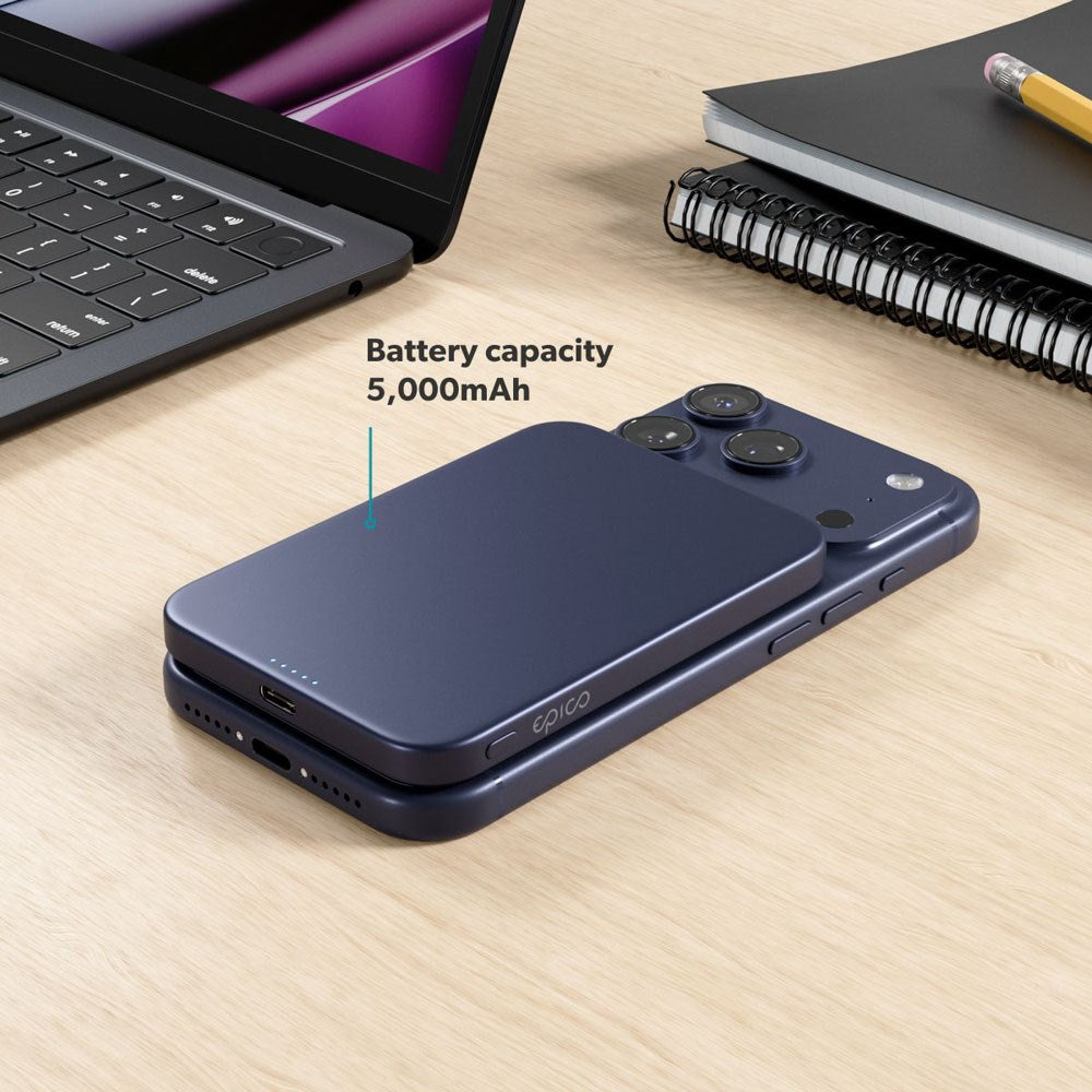 Epico 15W UltraPack EM51 Slim Alu Mag+ 5000 mAh Power Bank with USB-C - Qi2 / MagSafe Compatible - Blue