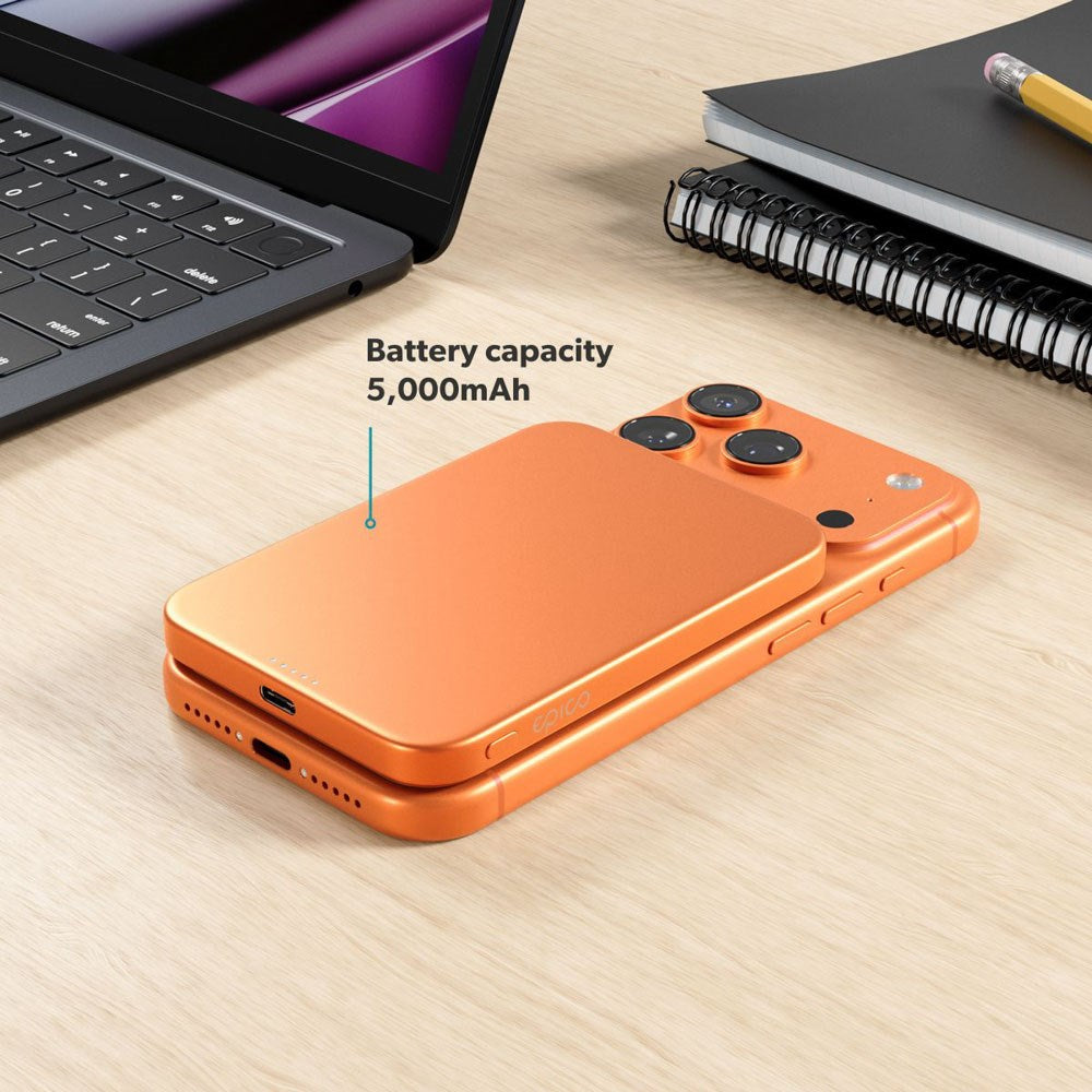 Epico 15W UltraPack EM51 Slim Alu Mag+ 5000 mAh Power Bank with USB-C - Qi2 / MagSafe Compatible - Orange