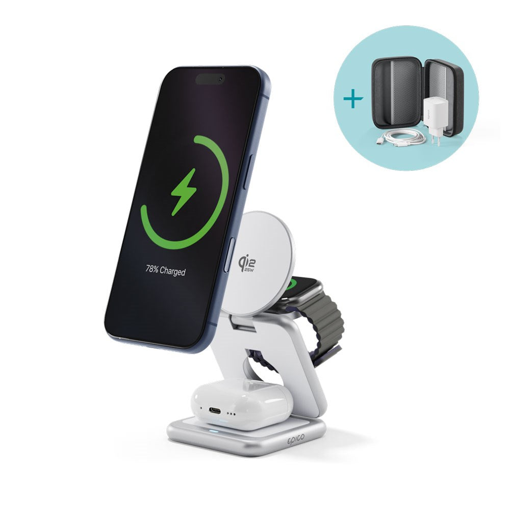 Epico UltraBase EF60 3-in-1 Fold Metal Mag+ Wireless Charger - 25W - Qi2 / MagSafe Compatible - Silver