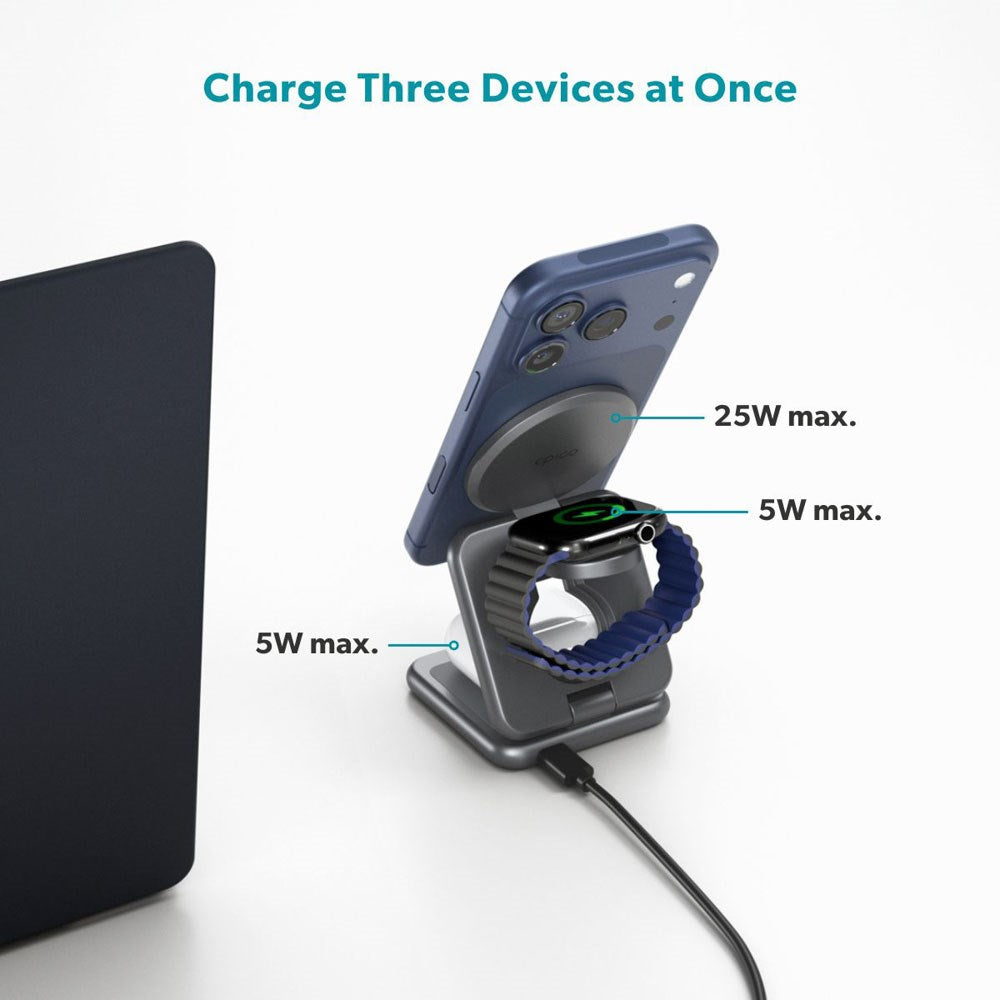 Epico UltraBase EF60 3-in-1 Fold Metal Mag+ Wireless Charger - 25W - Qi2 / MagSafe Compatible - Grey