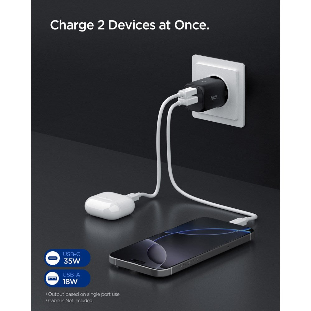 Spigen Essential 35W Wall Charger with 1 x USB-C & 1 x USB-A - Black