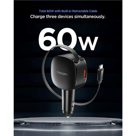 Spigen Essential Car Charger 60W with Built-in USB-C Cable & 1 x USB-C 1 x USB-A - Black