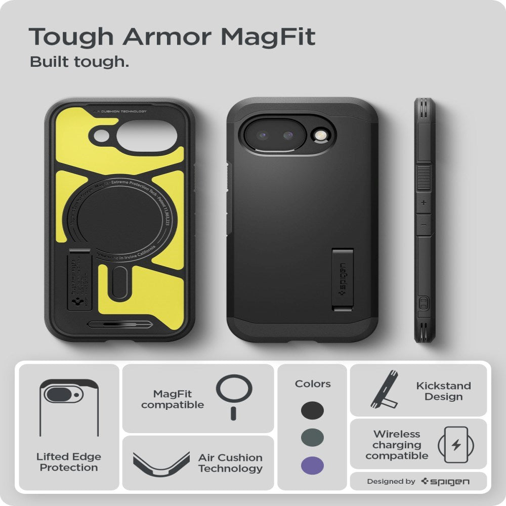 Google Pixel 10a Spigen Tough Armor Hybrid Case with Kickstand - MagSafe Compatible - Black