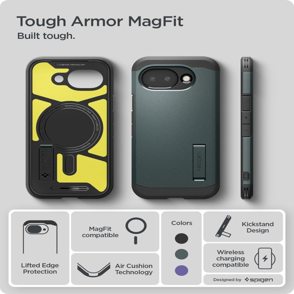 Google Pixel 10a Spigen Tough Armor Hybrid Case with Kickstand - MagSafe Compatible - Green