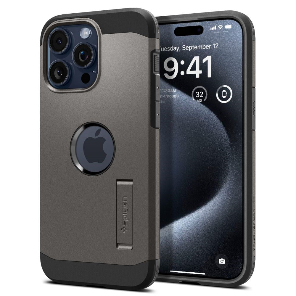 iPhone 15 Pro Spigen Tough Armor Case w. Kickstand  - MagSafe Compatible - Gun Metal