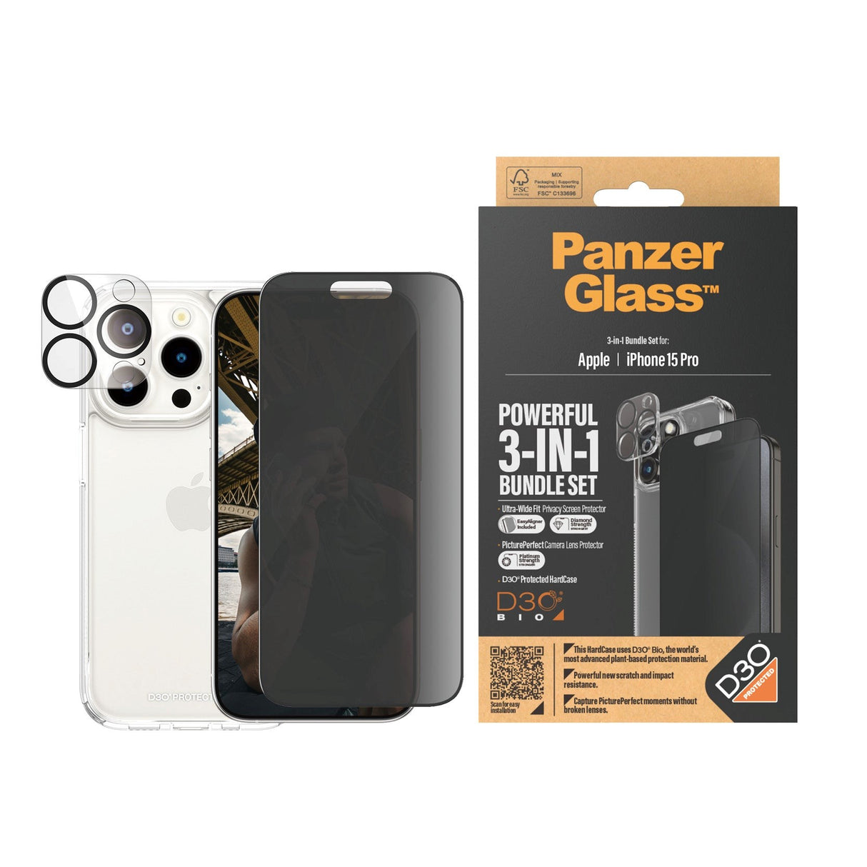 iPhone 15 Pro PanzerGlass 3-i-1 Bundle w. EasyAligner - Privacy Screen Protector (UWF) / Case / Camera Protection - Transparent / Black