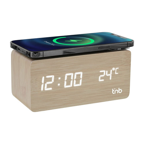 T'NB LED Alarm Clock with 5W Wireless Charger - Wood