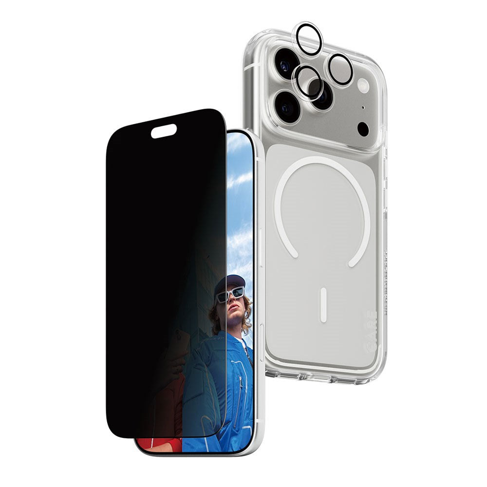 iPhone 18 Pro CARE by PanzerGlass 3-i-1 FLAGSHIP Bundle - Case / Privacy Screen Protector (UWF) / Camera Protection - Transparent / Black